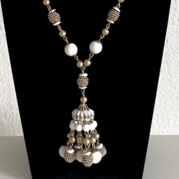 NWOT J. crew White gold bead tassel statement long necklace